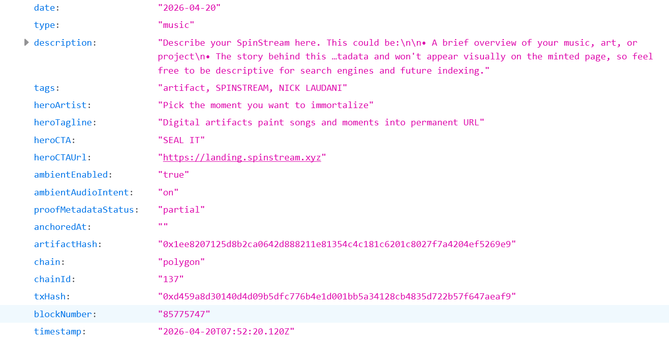 SpinStream creation record metadata screenshot